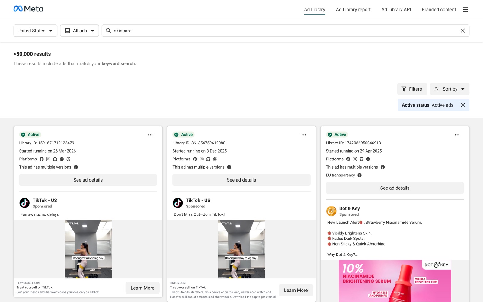 The Meta Ad Library — every active ad, searchable and public.
